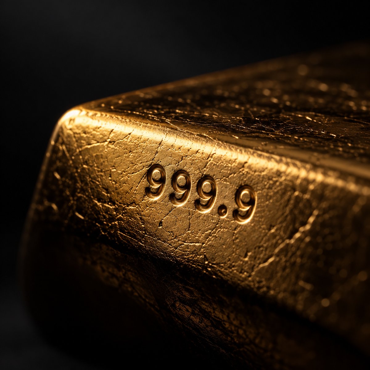 The stamped 999.9 mark on a cast gold bar