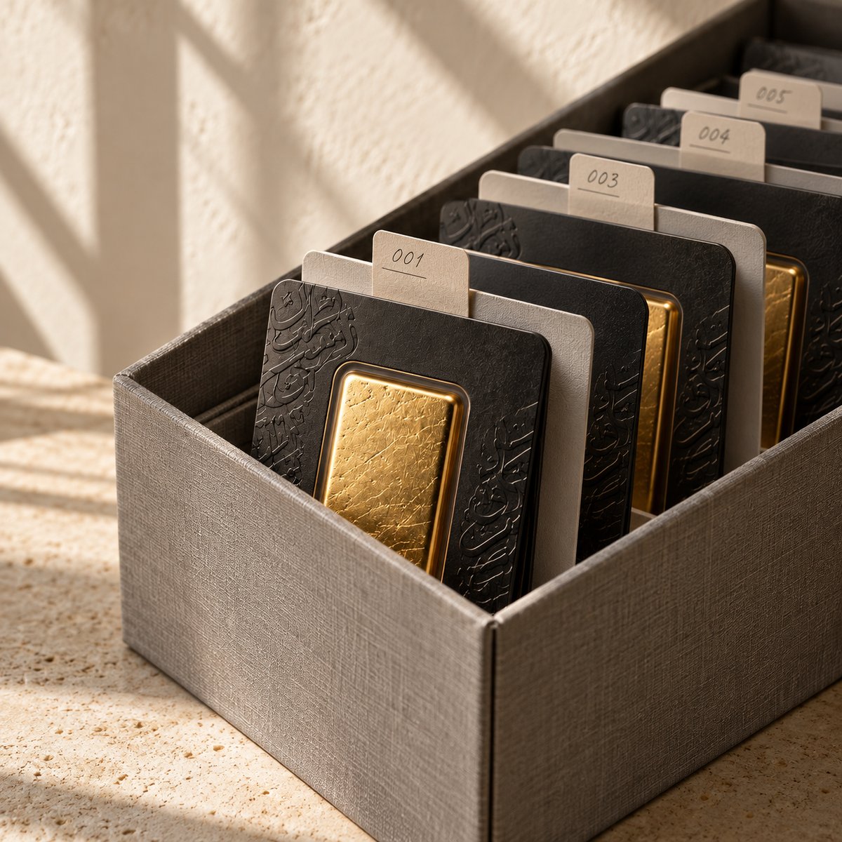 Minted gold bars standing in their sealed assay cards